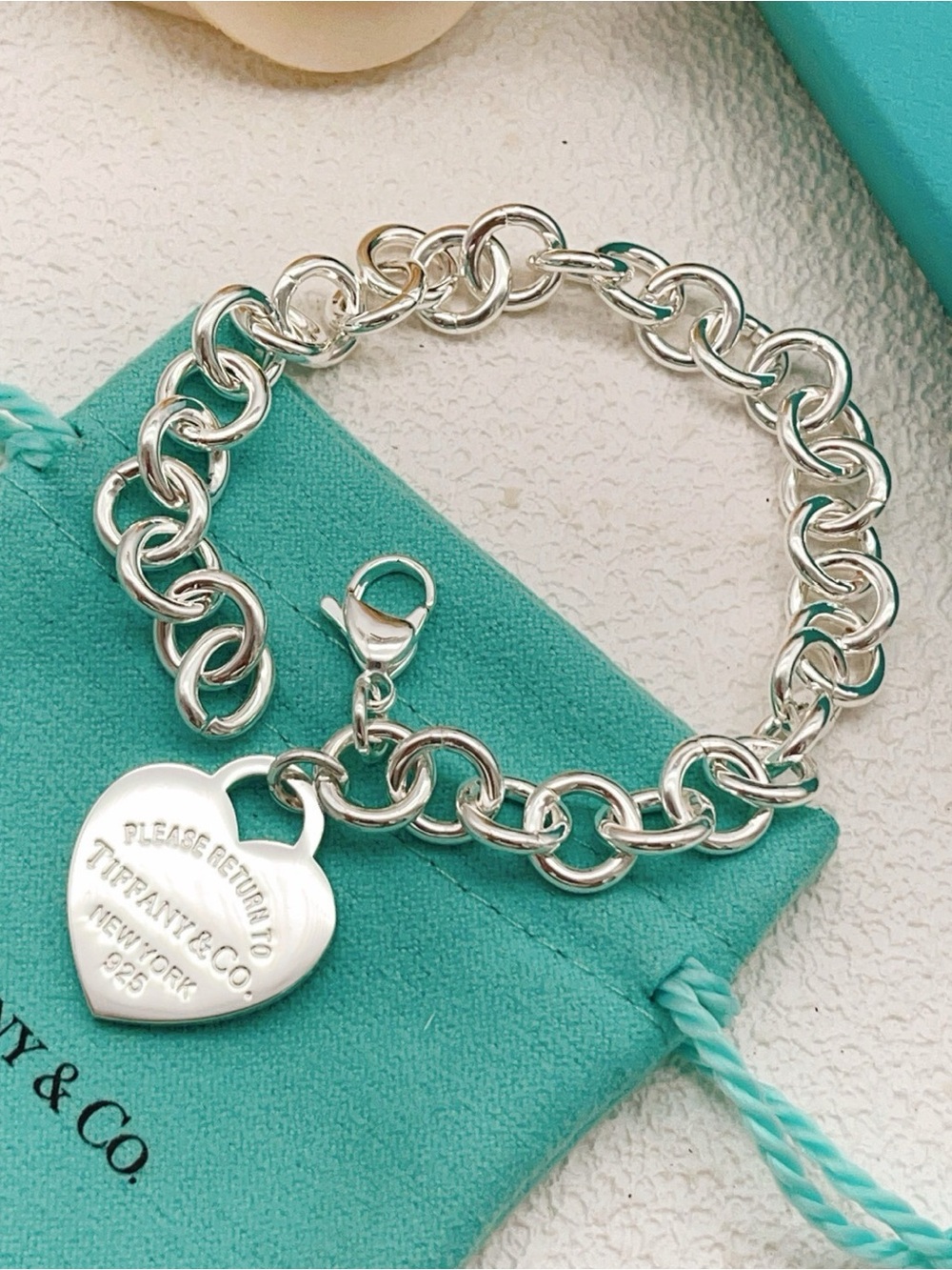 Tiffany & Co. Silver Heart Tag Link Bracelet with Blue Pouch